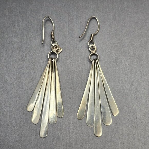 VTG Taxco TV-21 Sterling Silver Fan Dangle Earrings 2.75" Mexico 11.45g - Picture 2 of 9